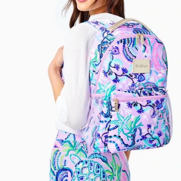 NWT Lilly Pulitzer Bahia Backpack Poly Lilac Mermaid For You Zipper Mesh Logo - Picture 1 of 6